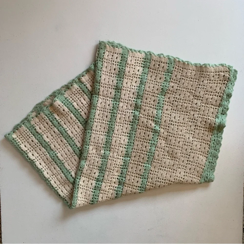 Vintage Handmade Crochet Knit Afghan Throw Blanket Green Cream Tan